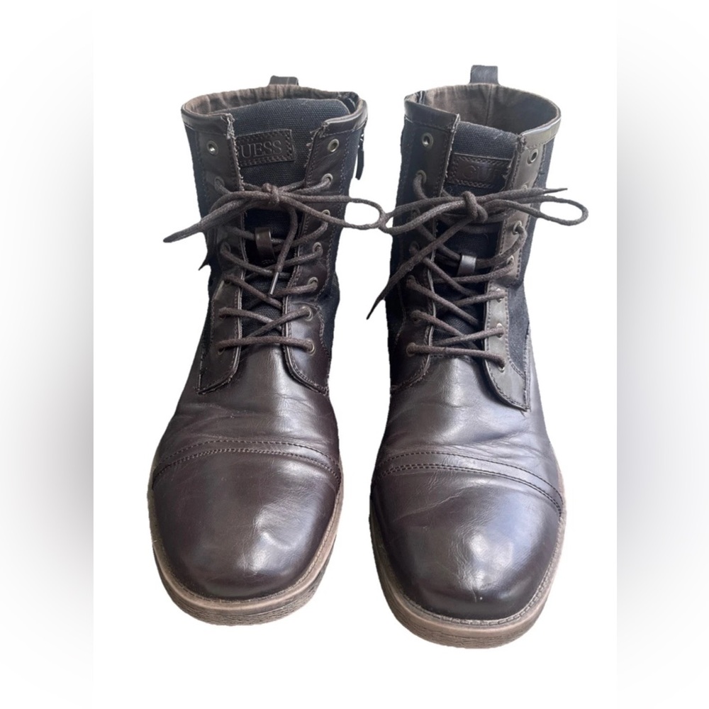 Guess Brown Leather Ankle Boots with Lace-Up Design